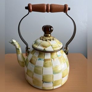 NWOB Mackenzie Childs Parchment Check Yellow/Green Enamel 2 Quart Teapot Kettle